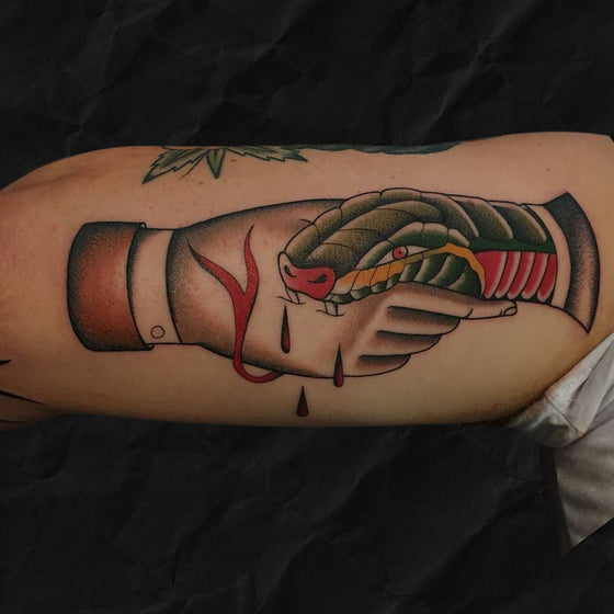 trust no one tattoo im neotraditional stil zeigt eine hand, die von einer schlange gebissen wird vom Atelier Hannibal Tattoo Studio in Hürth