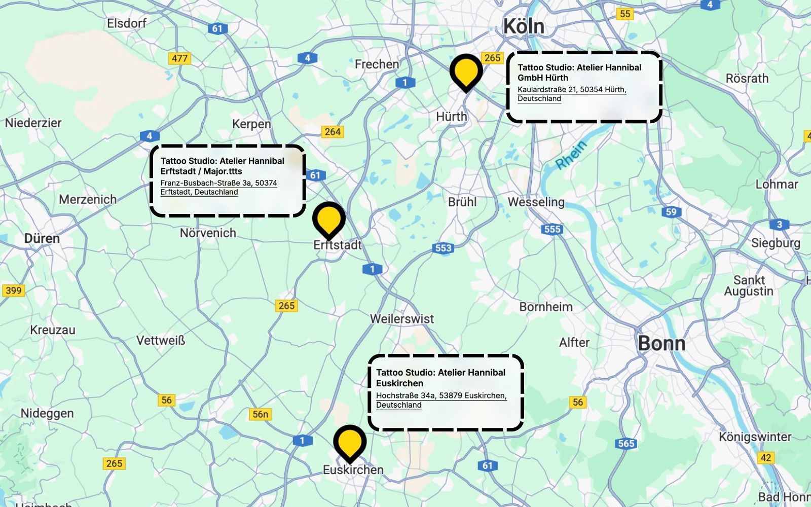 Karte mit Atelier Hannibal Standorten in Hürth, Euskirchen und Erftstadt