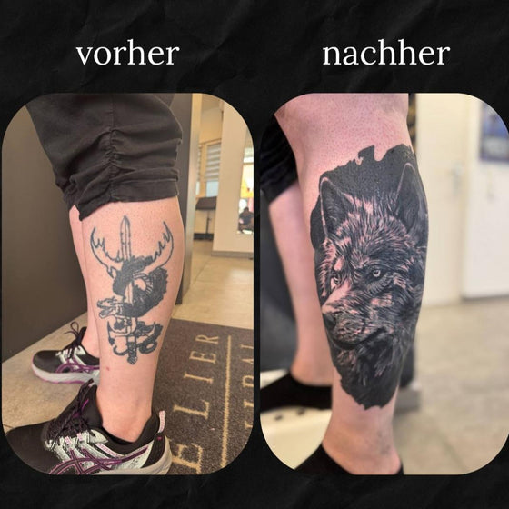 Wolf Cover Up Tattoo auf Wade in black & grey, gestochen im Atelier Hannibal Tattoo Studio in Euskirchen