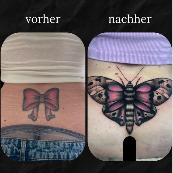 integratives Cover-Up Tattoo von Fabio im Atelier Hannibal Tattoo Studio in Hürth.  vorher war eine schleife auf dem Steißbein und diese wurde in eine realistisches Motten-Tattoo integriert